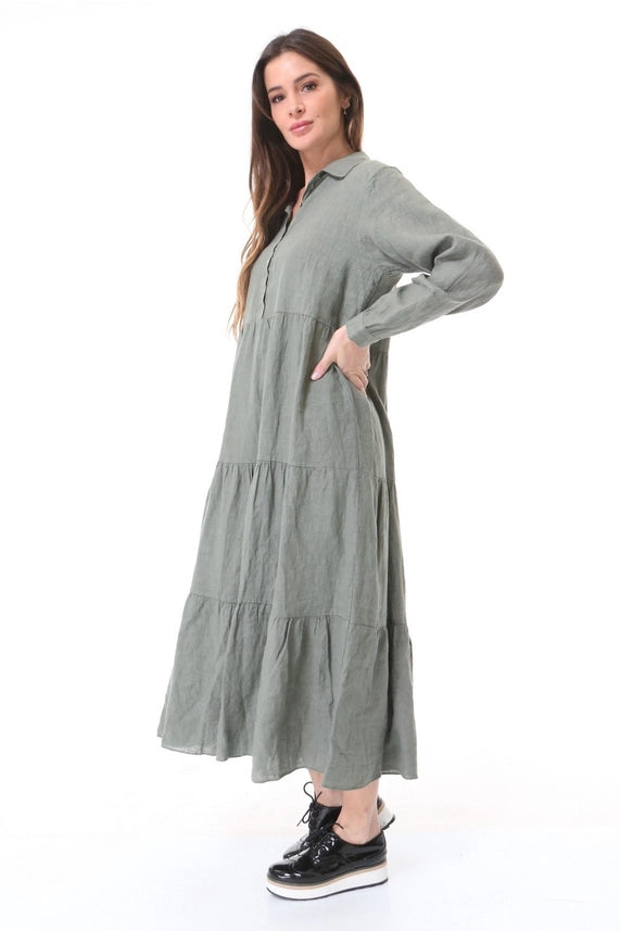 Long Sleeves Tiered Maxi Linen Dress-Katze Boutique