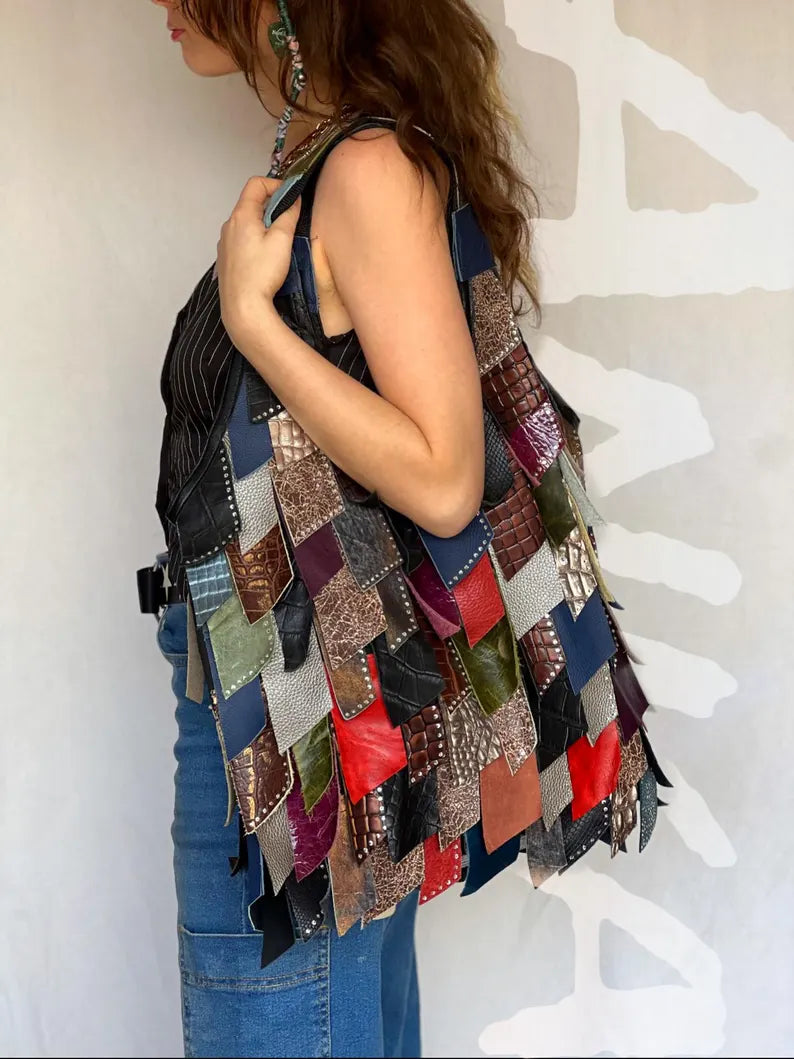 Leather Multicolor Boho Shoulder Bag-Katze Boutique