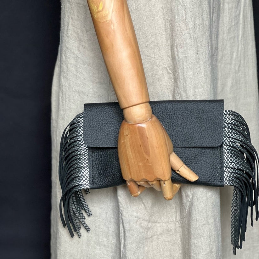 Handmade Leather Fringe Black Clutch-Katze Boutique