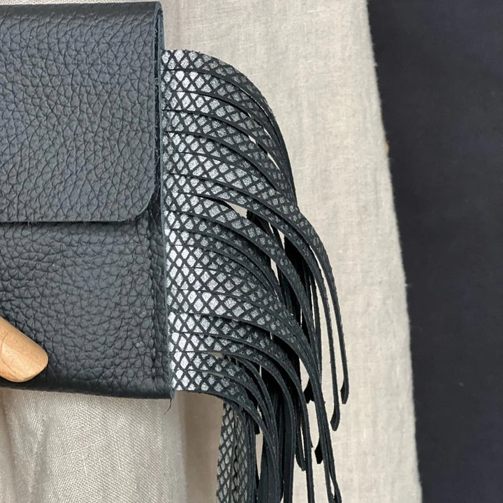 Handmade Leather Fringe Black Clutch-Katze Boutique