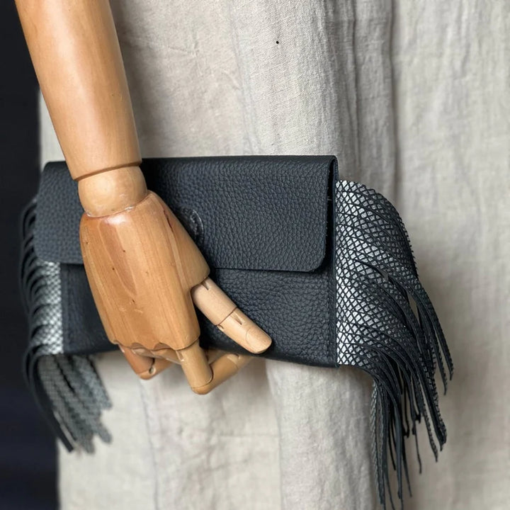 Handmade Leather Fringe Black Clutch-Katze Boutique