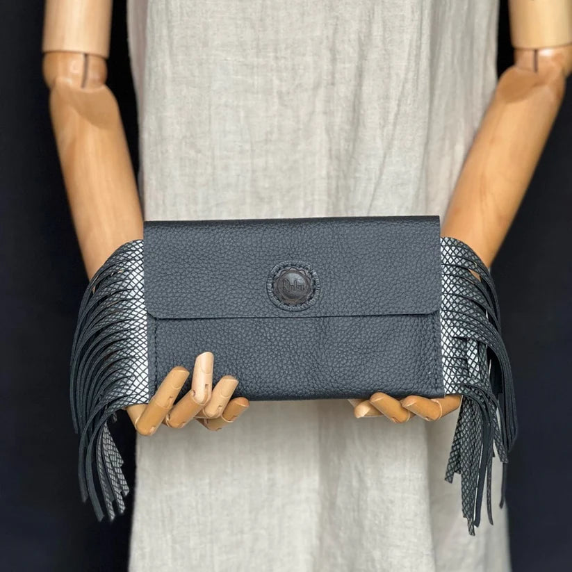 Handmade Leather Fringe Black Clutch-Katze Boutique