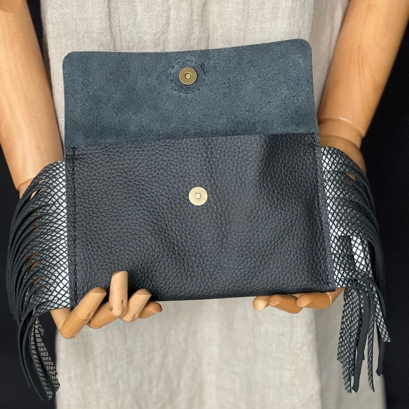 Handmade Leather Fringe Black Clutch-Katze Boutique