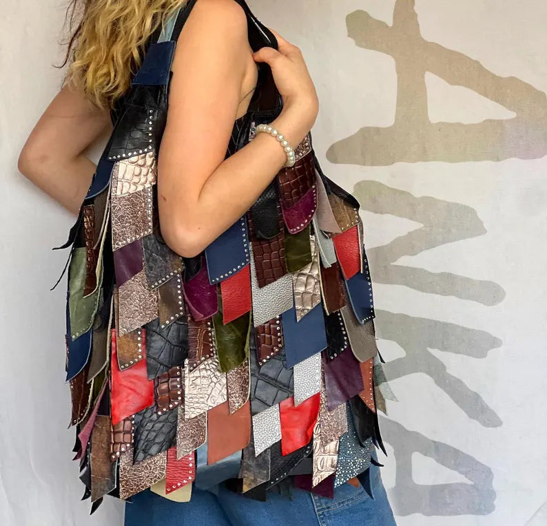 Leather Multicolor Boho Shoulder Bag-Katze Boutique