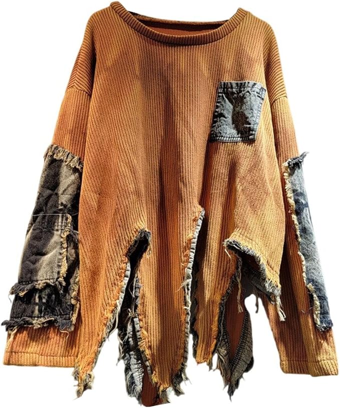 Tie-Dye Patchwork Sweater with Distressed Hem-Katze Boutique