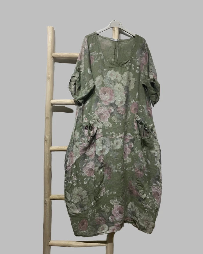 Made In Italy Linen Floral Dress - Katze Boutique