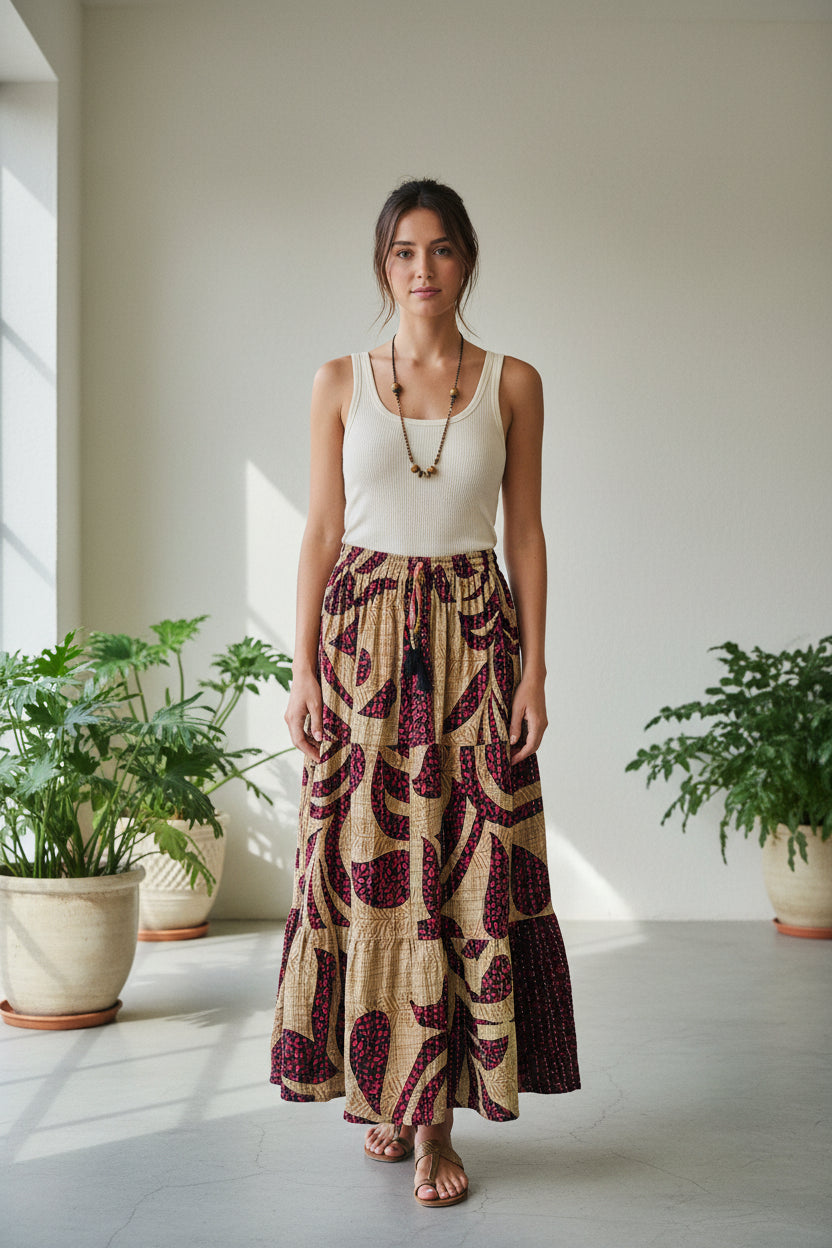 Kantha Boho Long Cotton Skirt -Katze Boutique