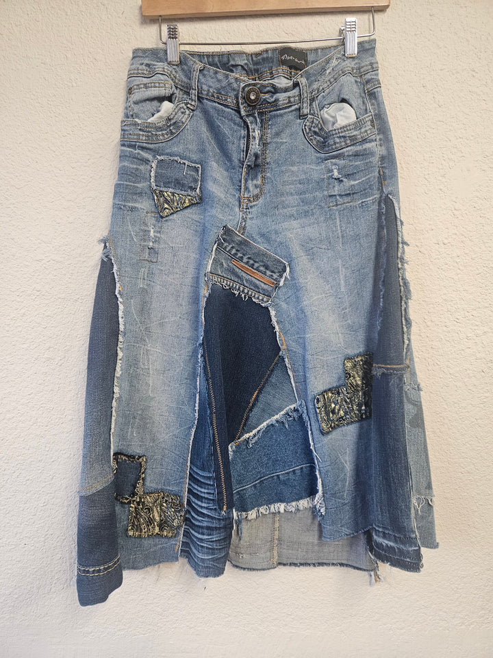 Upcycled Patched Denim Skirt-Fiber Art Boutique-Katze Boutique