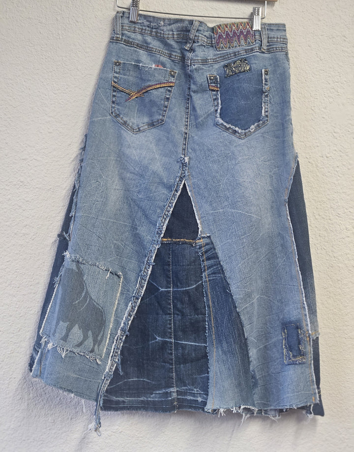 Upcycled Patched Denim Skirt-Fiber Art Boutique-Katze Boutique
