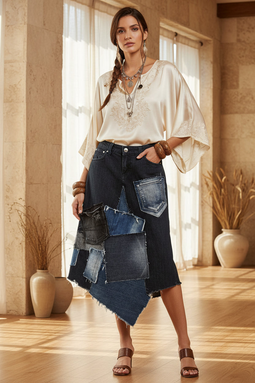Upcycled Patchwork Denim Skirt-Fiber Art Boutique-Katze Boutique