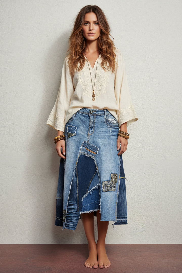 Upcycled Patched Denim Skirt-Fiber Art Boutique-Katze Boutique