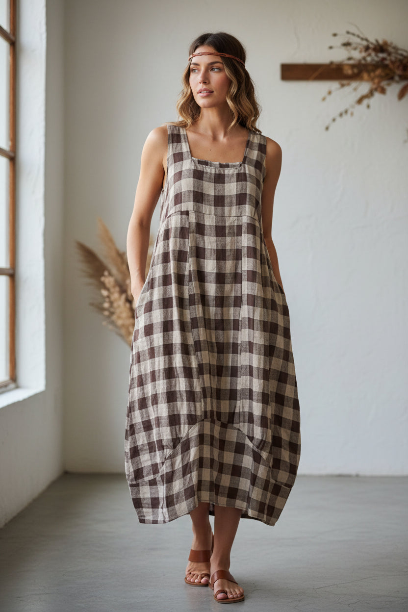 Made In Italy Plaid Linen Sleeveless Dress | Katze Boutique