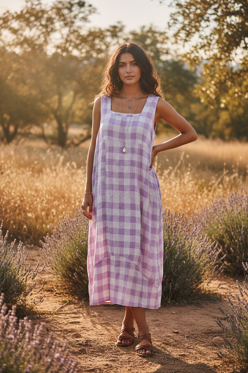 Made In Italy Plaid Linen Sleeveless Dress | Katze Boutique