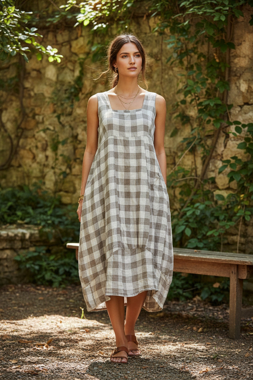 Made In Italy Plaid Linen Sleeveless Dress
