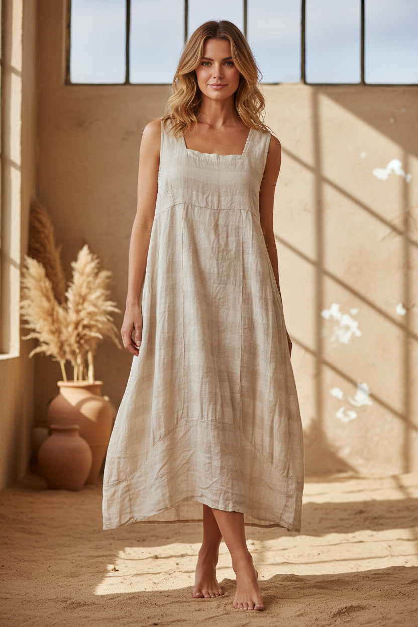 Made In Italy Plaid Linen Sleeveless Dress | Katze Boutique