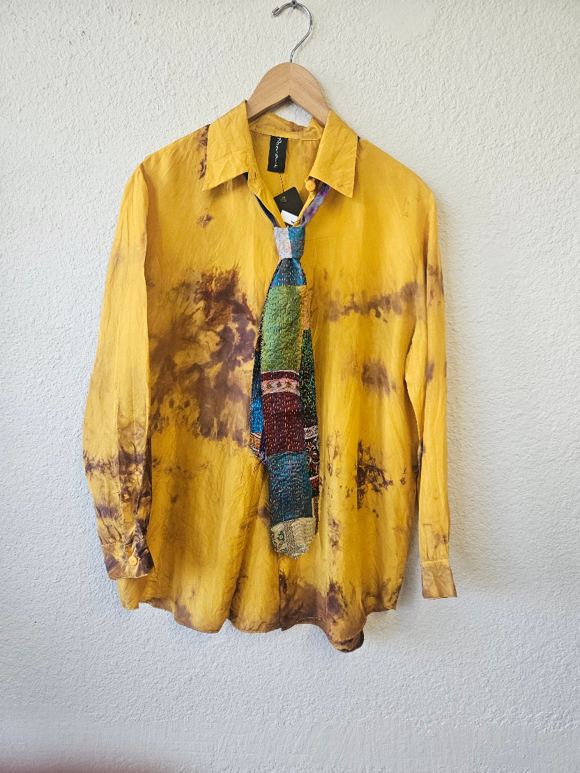 Hand Dyed Mustard Yellow Silk Shirt-Katze Boutique
