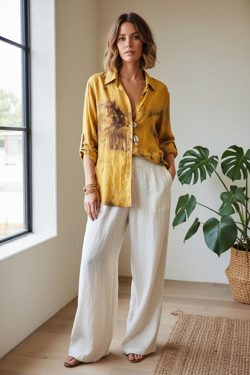 Hand Dyed Mustard Yellow Silk Shirt-Katze Boutique