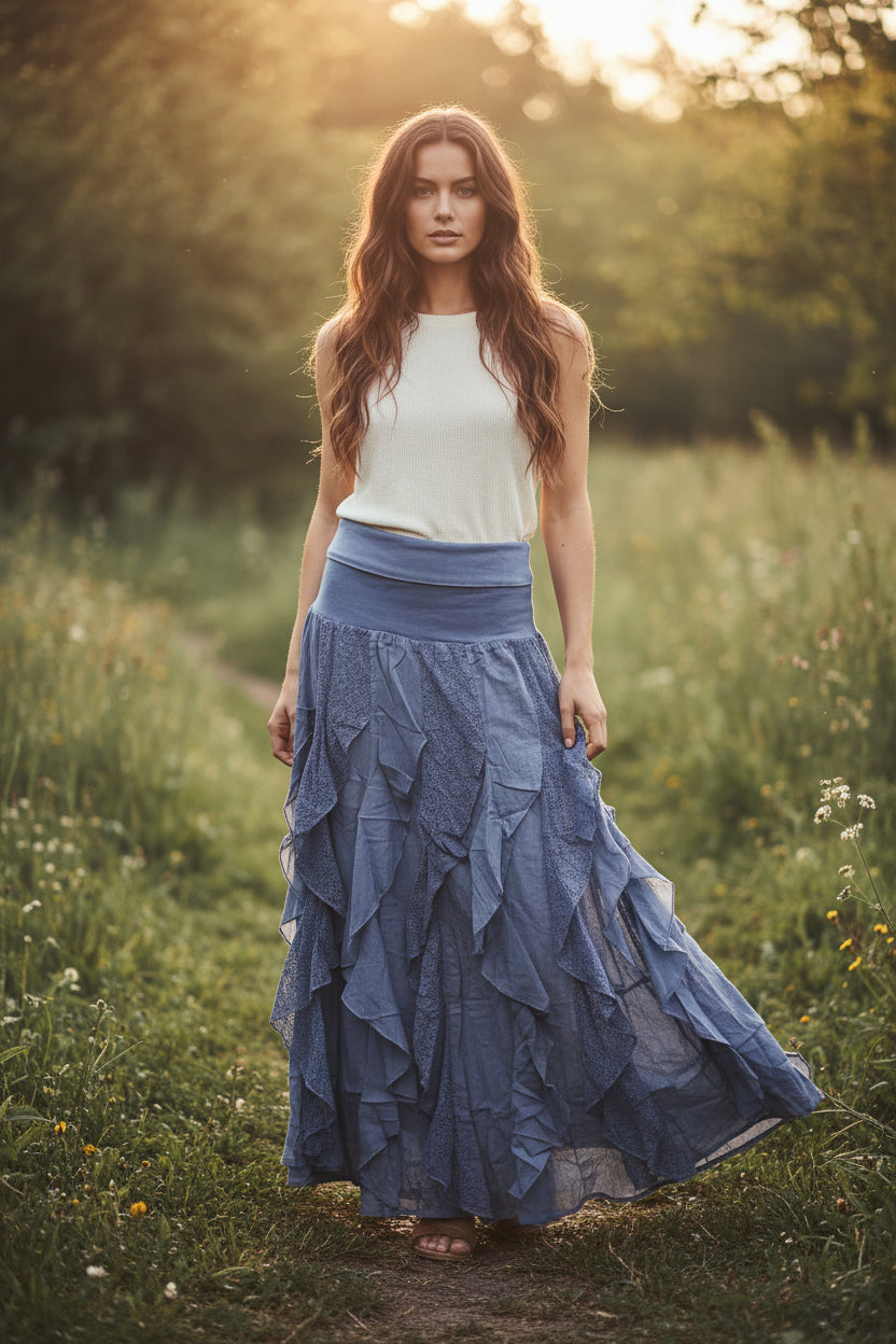 Lace Ruffle Maxi Cotton Skirt-Katze Boutique