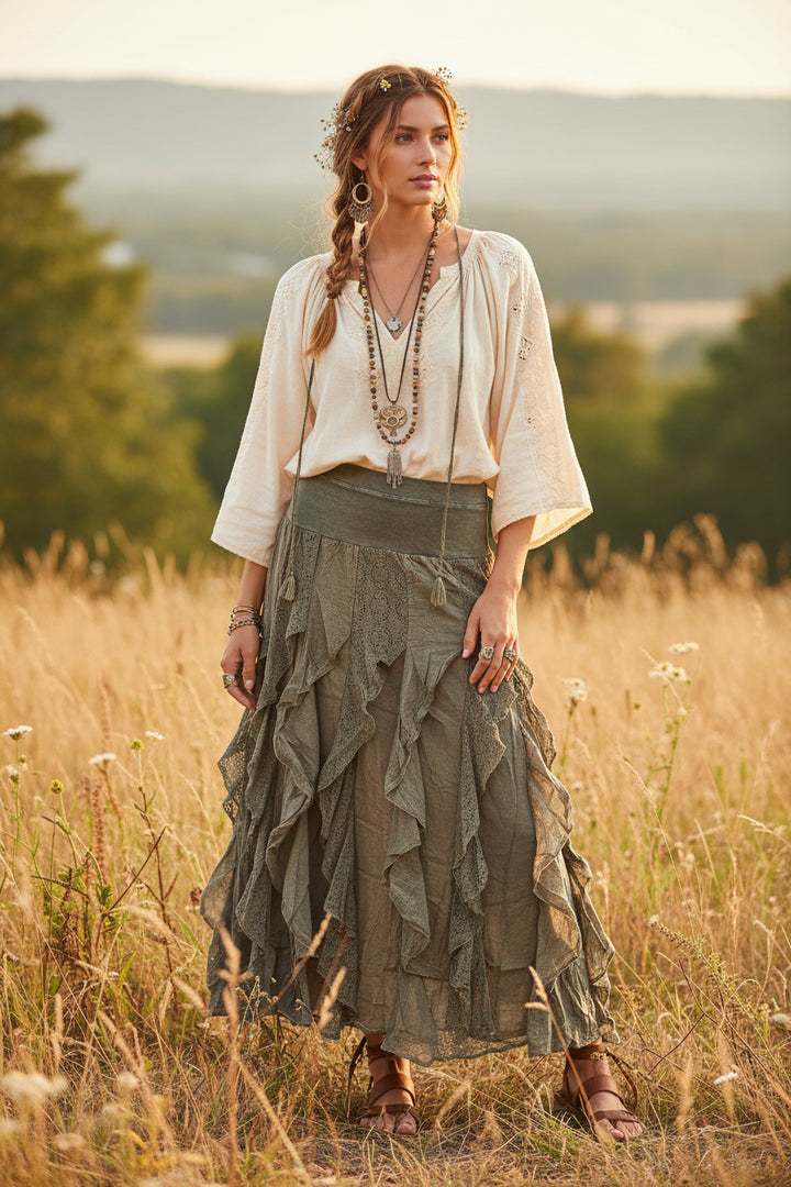 Lace Ruffle Maxi Cotton Skirt-Katze Boutique
