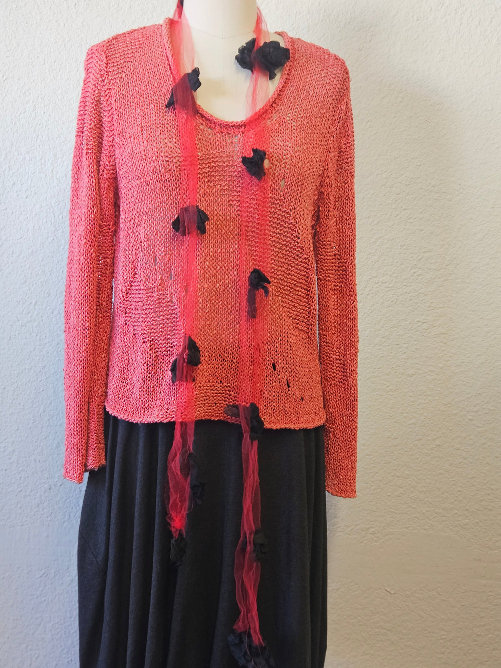 Handmade Tulle Silk Black Red Artisan Scarf-Katze Boutique