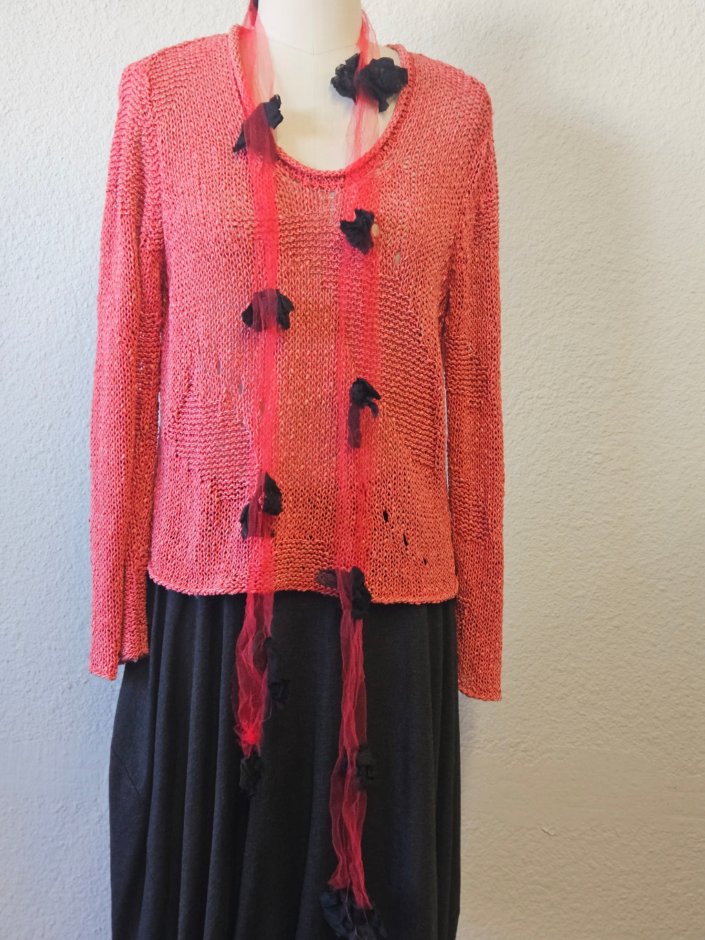 Handmade Tulle Silk Black Red Artisan Scarf-Katze Boutique