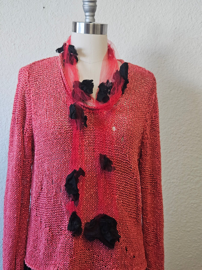 Handmade Tulle Silk Black Red Artisan Scarf-Katze Boutique