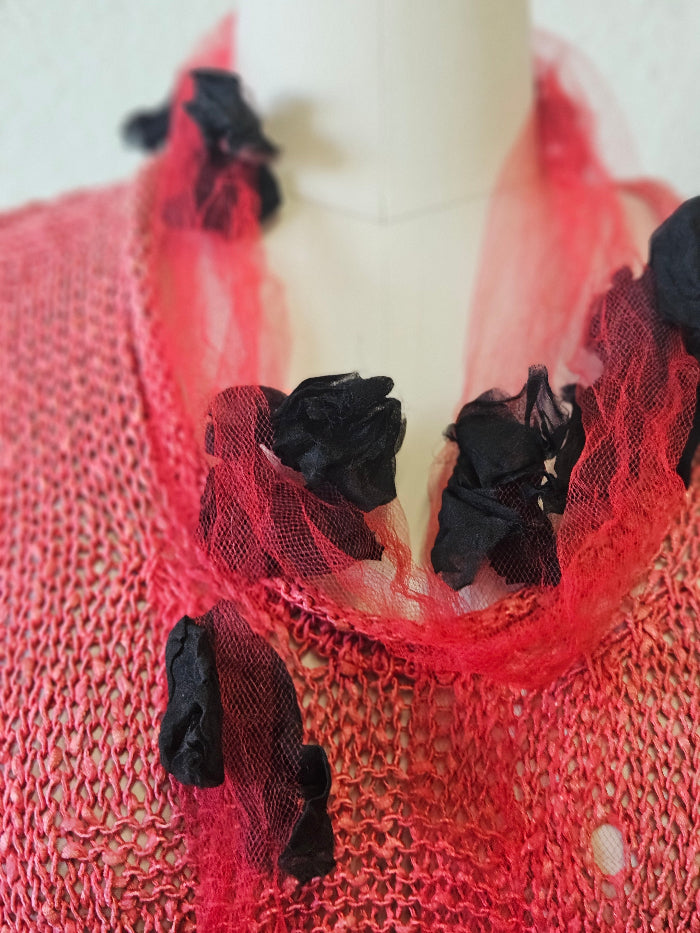 Handmade Tulle Silk Black Red Artisan Scarf-Katze Boutique