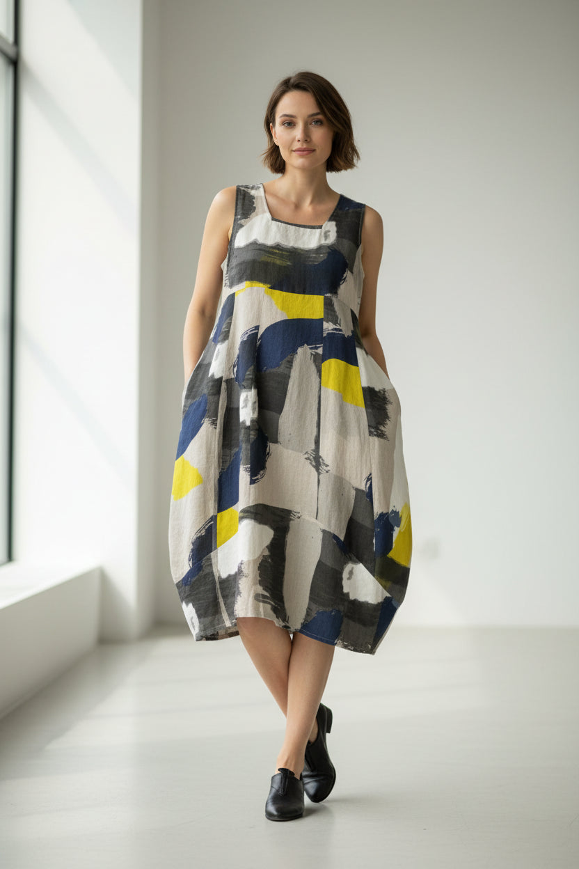 Abstract Artistic Print Linen Dress-Katze Boutique