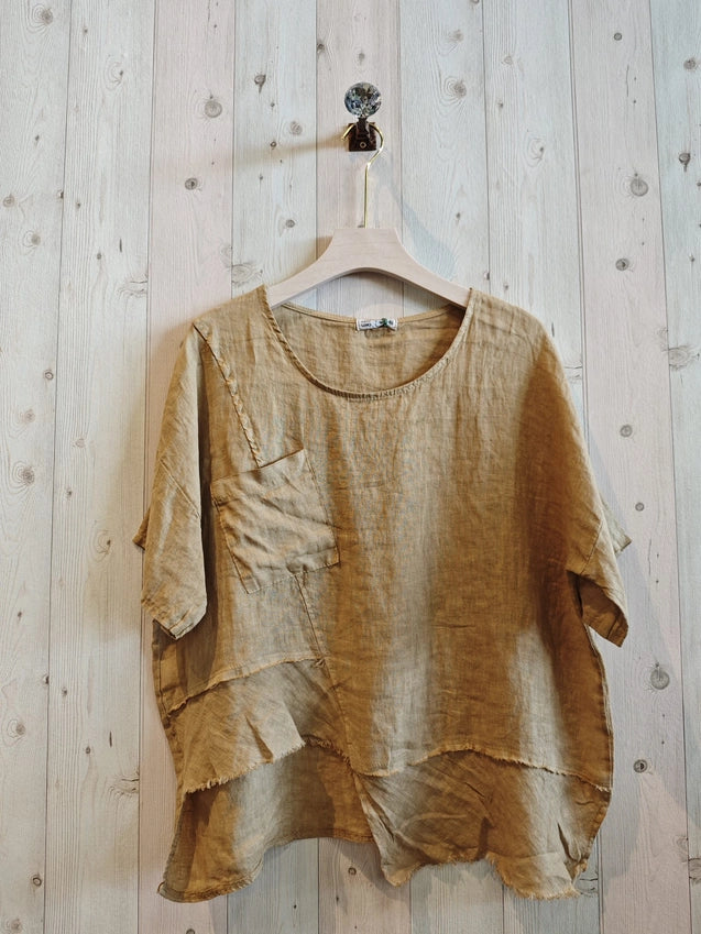 Asymmetrical Linen Short Sleeve Top-Katze Boutique