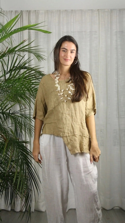 Asymmetrical Linen Short Sleeve Top-Katze Boutique