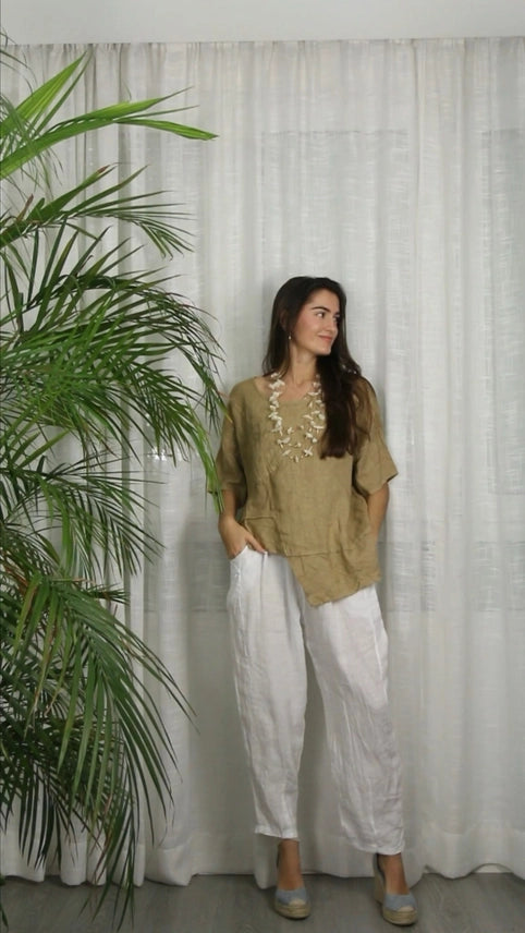 Asymmetrical Linen Short Sleeve Top-Katze Boutique