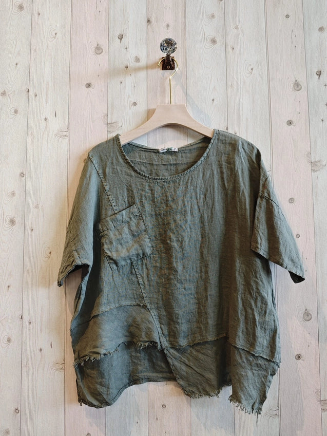 Asymmetrical Linen Short Sleeve Top