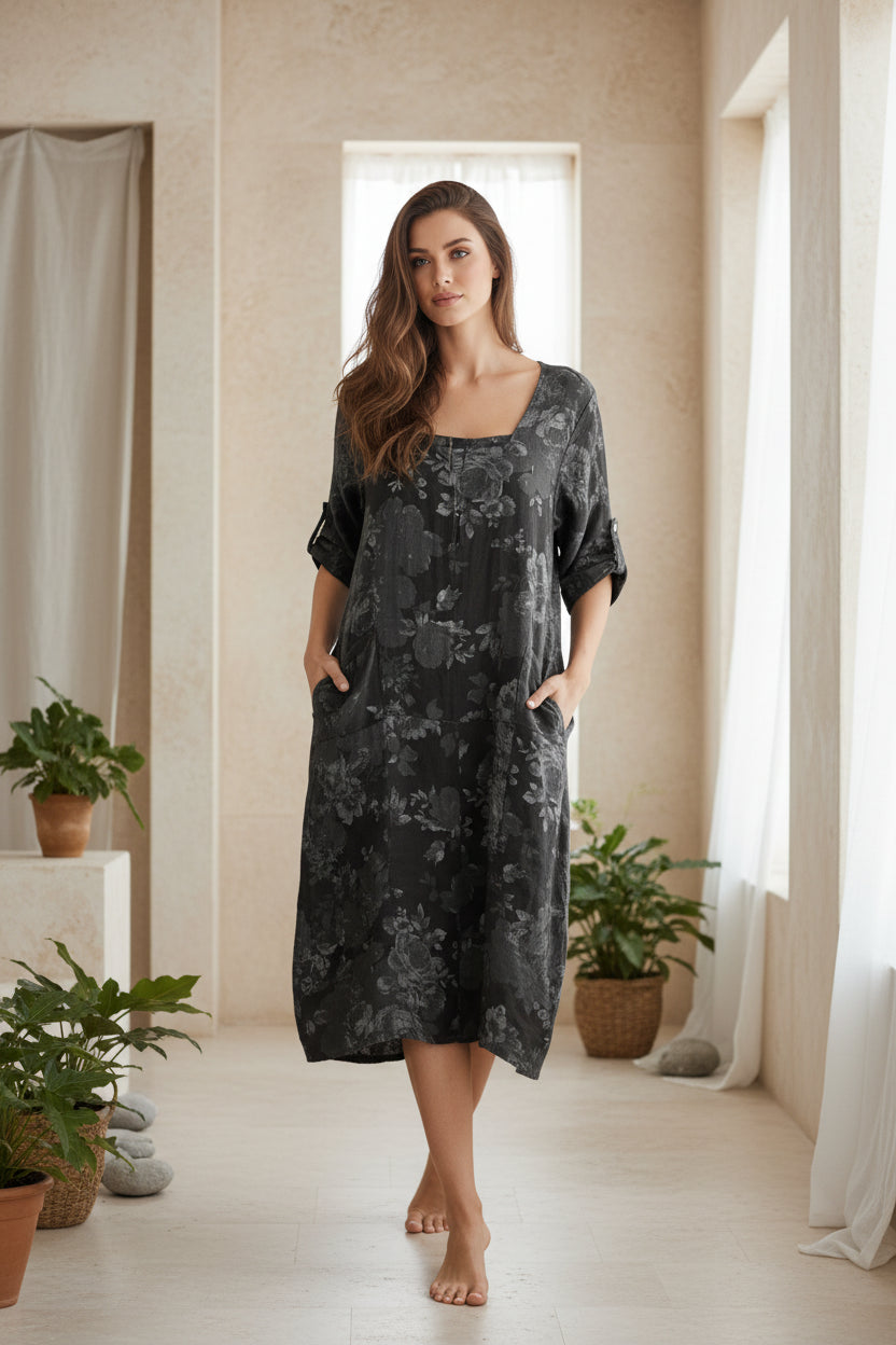 Made In Italy Linen Floral Dress-Katze Boutique