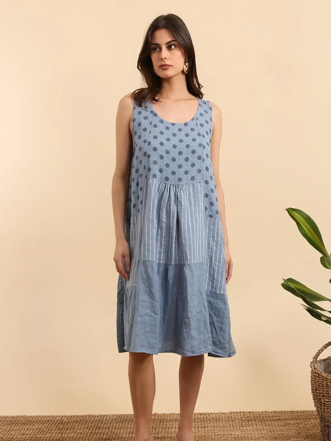 Made In Italy Printed Linen Sleeveless Dress-Katze Boutique