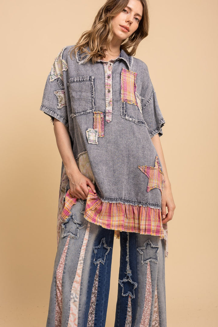 BlueVelvet Patchwork Short Sleeve Chambray Tunic-Katze Boutique
