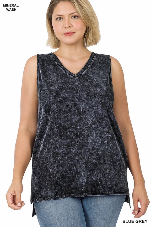 Mineral Wash Cotton Tank Plus Size-Katze Boutique