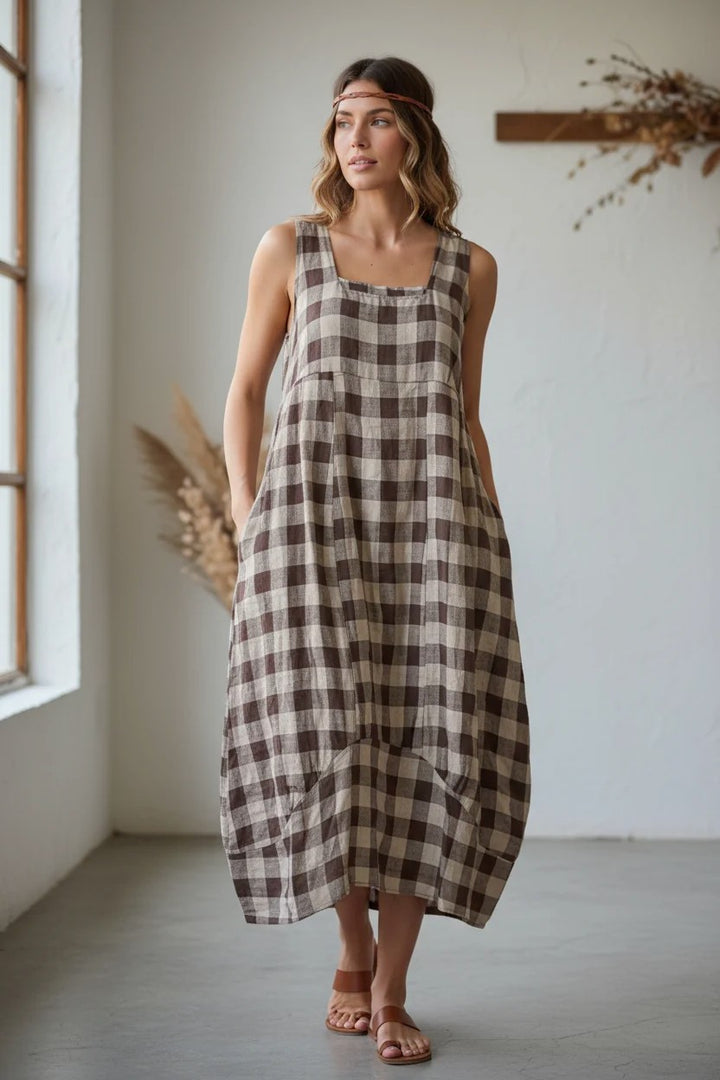 Colette 100% Linen Plaid Sleeveless Dress – Side Pockets, Made in Italy