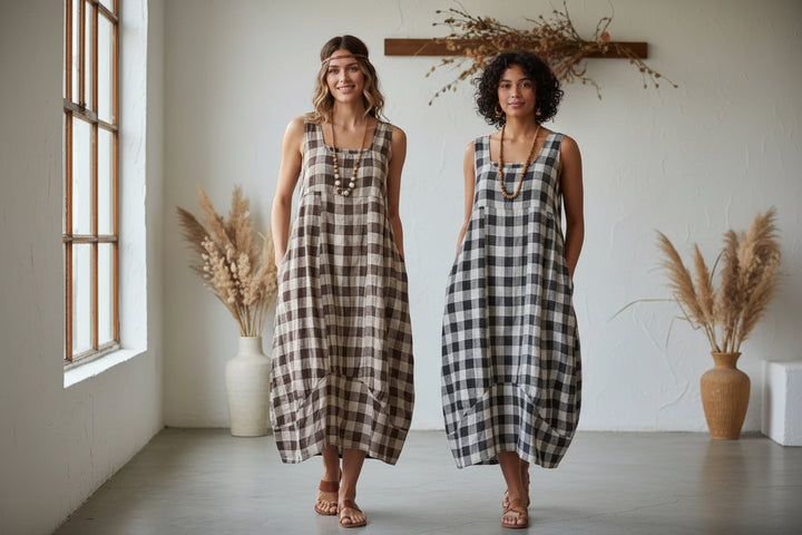 Made In Italy Plaid Linen Sleeveless Dress | Katze Boutique