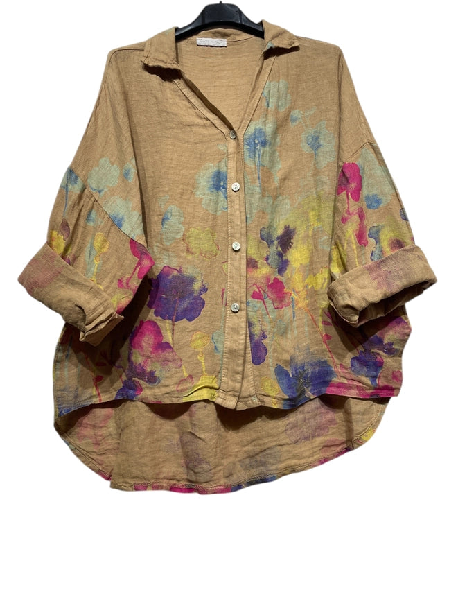 Hi-Low Floral Linen Blouse