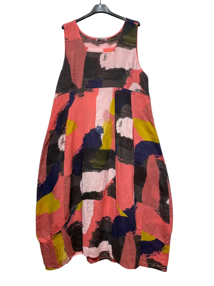 Abstract Artistic Print Linen Dress-Katze Boutique