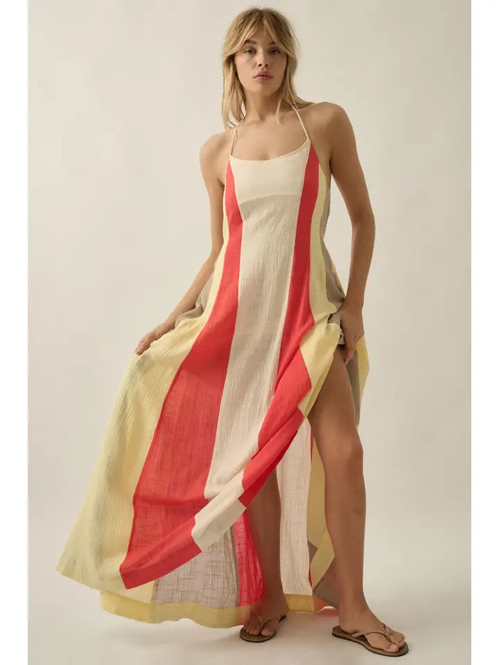 Promesa Colorblock Cotton Gauze Open-Back Maxi Dress-Katze Boutique