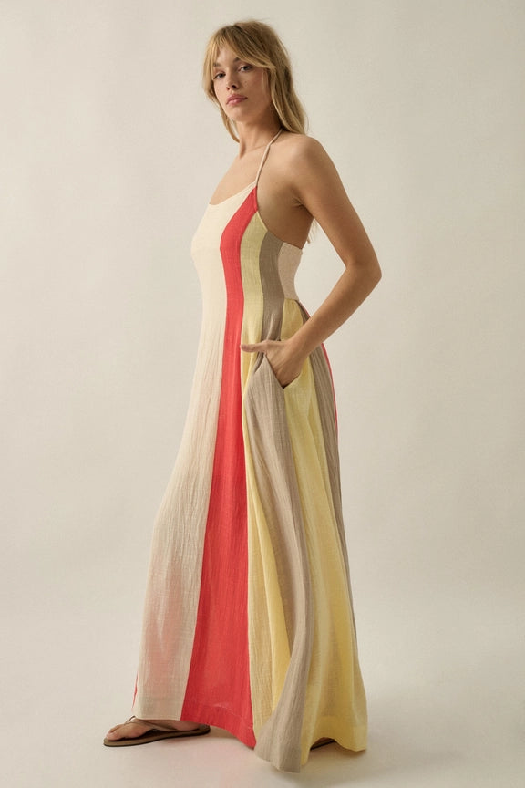 Promesa Colorblock Cotton Gauze Open-Back Maxi Dress-Katze Boutique