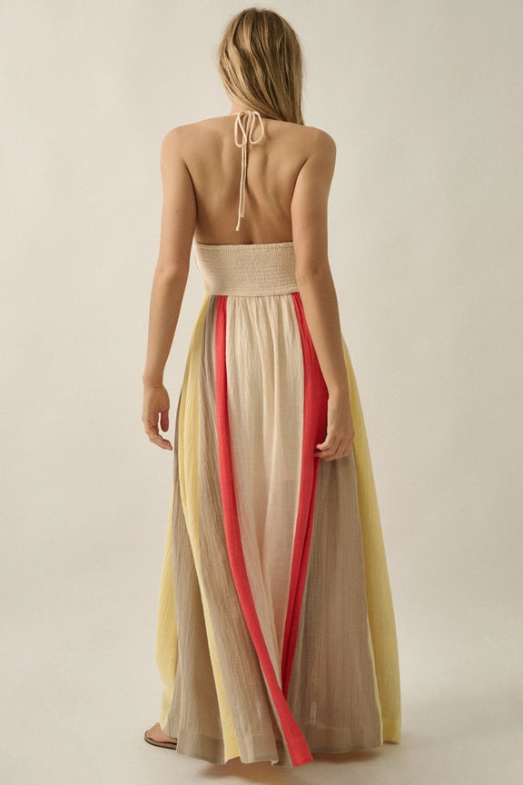 Promesa Colorblock Cotton Gauze Open-Back Maxi Dress-Katze Boutique