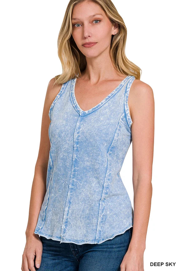 French Terry Raw Edge V-Neck Sleeveless Top-Katze Boutique