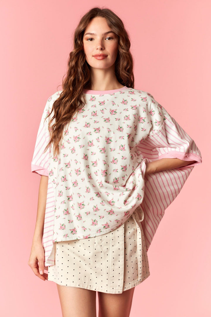 Ditsy Flower Printed With Stripe Cotton Jersey Top