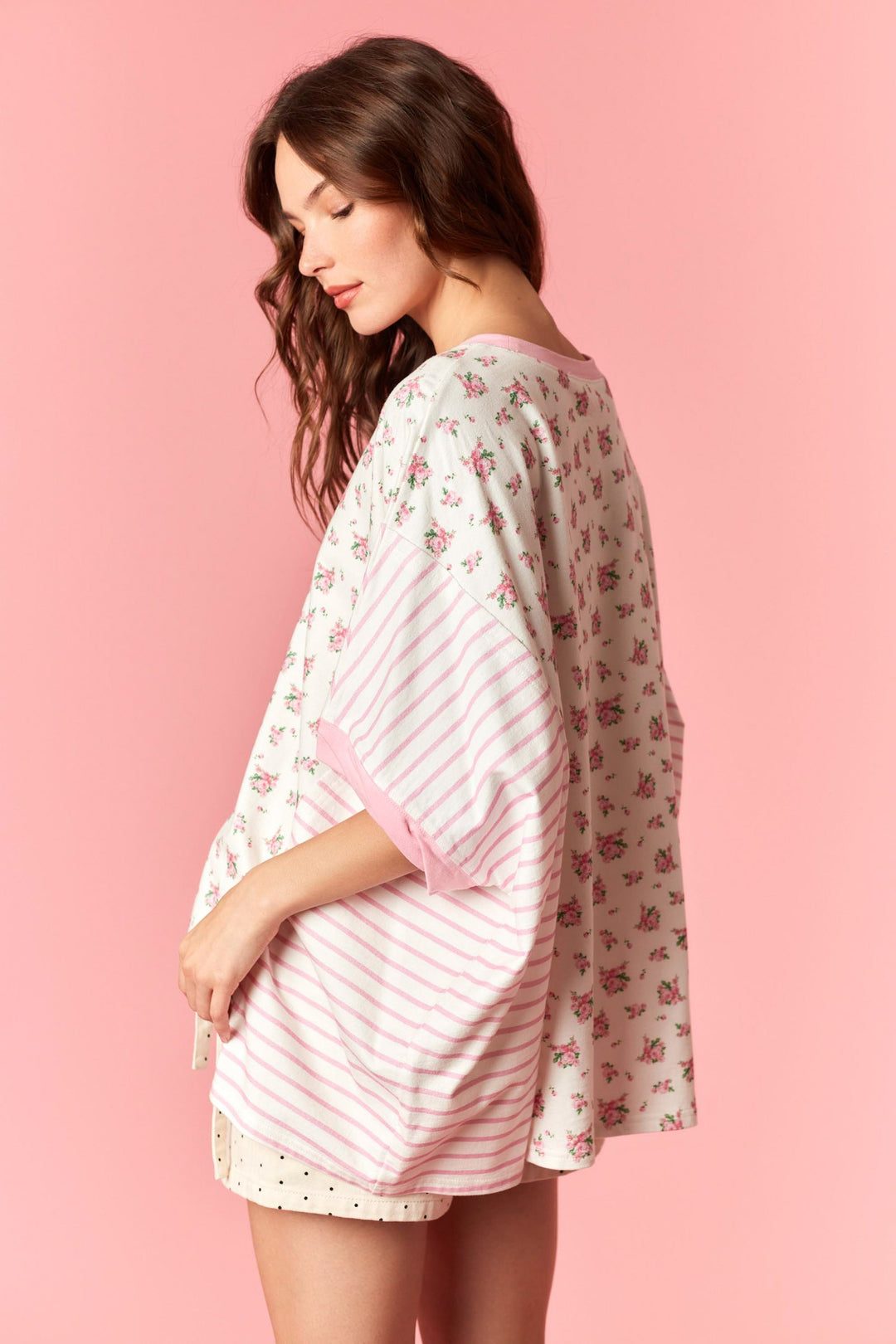 Ditsy Flower Printed With Stripe Cotton Jersey Top