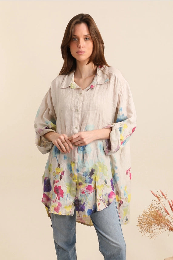 Made In Italy Floral Print Linen Blouse -Katze Boutique