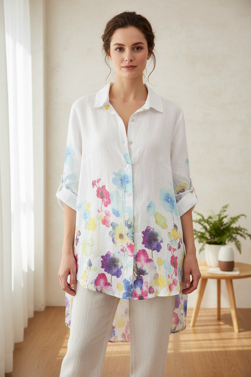 Made In Italy White Floral Print Linen Blouse-Katze Boutique