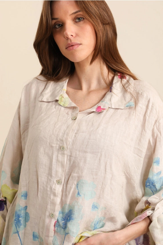 Made In Italy Floral Print Linen Blouse -Katze Boutique
