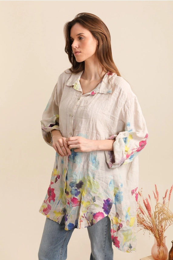 Made In Italy Floral Print Linen Blouse -Katze Boutique